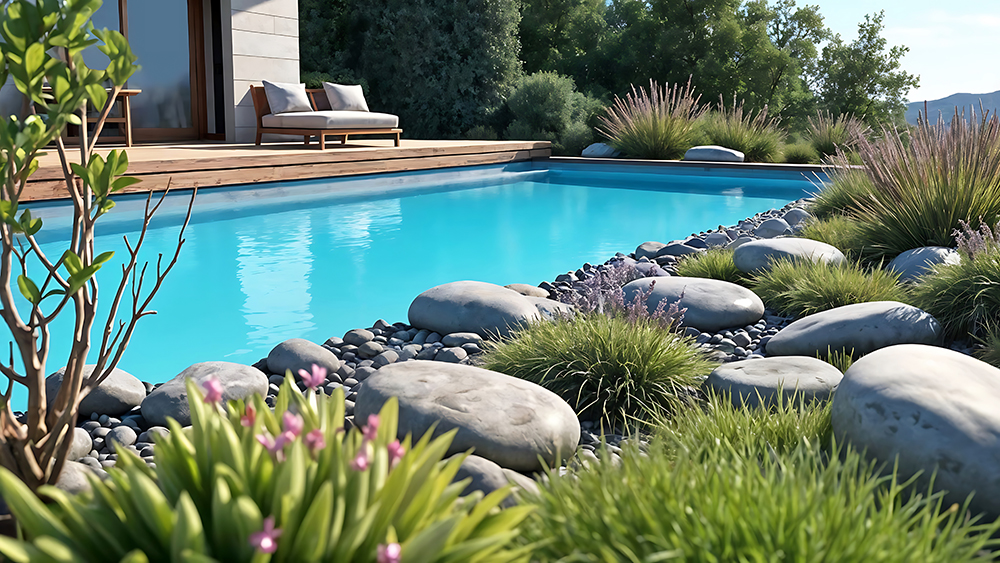 Aménagement d'un jardin minéral autour de la piscine, avec bor